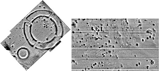 Left: The magnetogram shows clearly visible a circular ring ditch (Kreisgrabenanlage) and a smaller circular structure that might seem clearly interpretable at first sight. Right: The visible structures are less familiar and hard to interpret. (©figures with courtesy Archeo Prospections®)